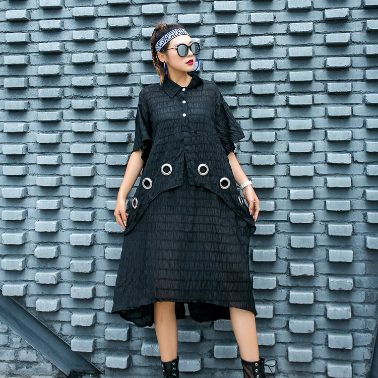 QING MO Summer Women Irregular Dress 2020 Casual Solid With Metal Rings Female Lapel Blouse ZQY4310 | Женская одежда