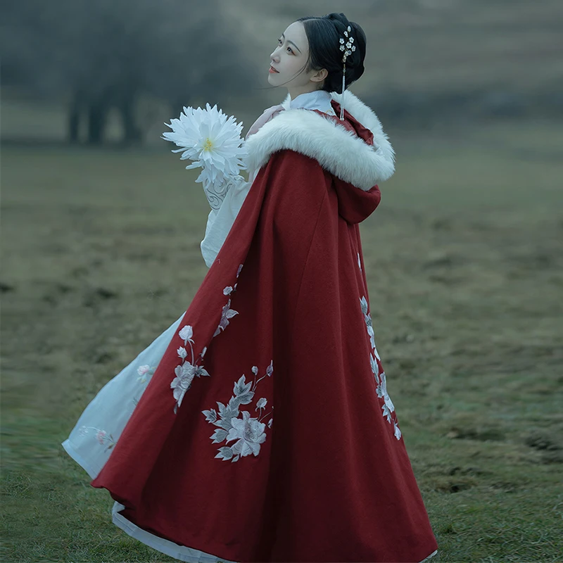 

Длинная бархатная накидка Hanfu для женщин, плотная теплая шаль в китайском стиле, зимний красный старинный костюм