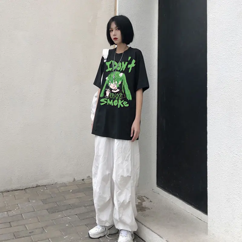 Harajuku Anime Printed Loose Women's Top is Dark Smoke Japanese Casual T-shirt Dark Color Factory Outlet Exclusive Summer Women