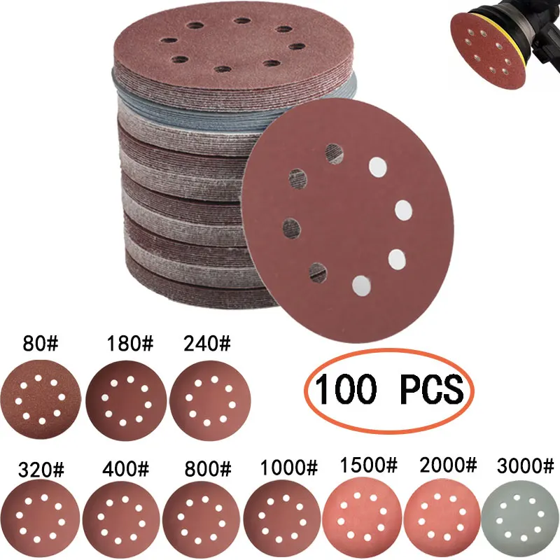 

50pcs/100pcs 125mm Round Shape Sanding Discs Sandpaper Eight Hole Disk Sand Sheets Grit 80-3000 Hook and Loop Sanding Disc Polis