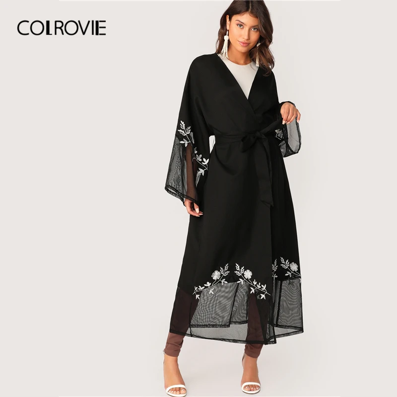 COLROVIE/черное открытое переднее Сетчатое цветочное кимоно с вышивкой, женские повседневные удлиненные Топы, осенняя женская верхняя одежда с поясом