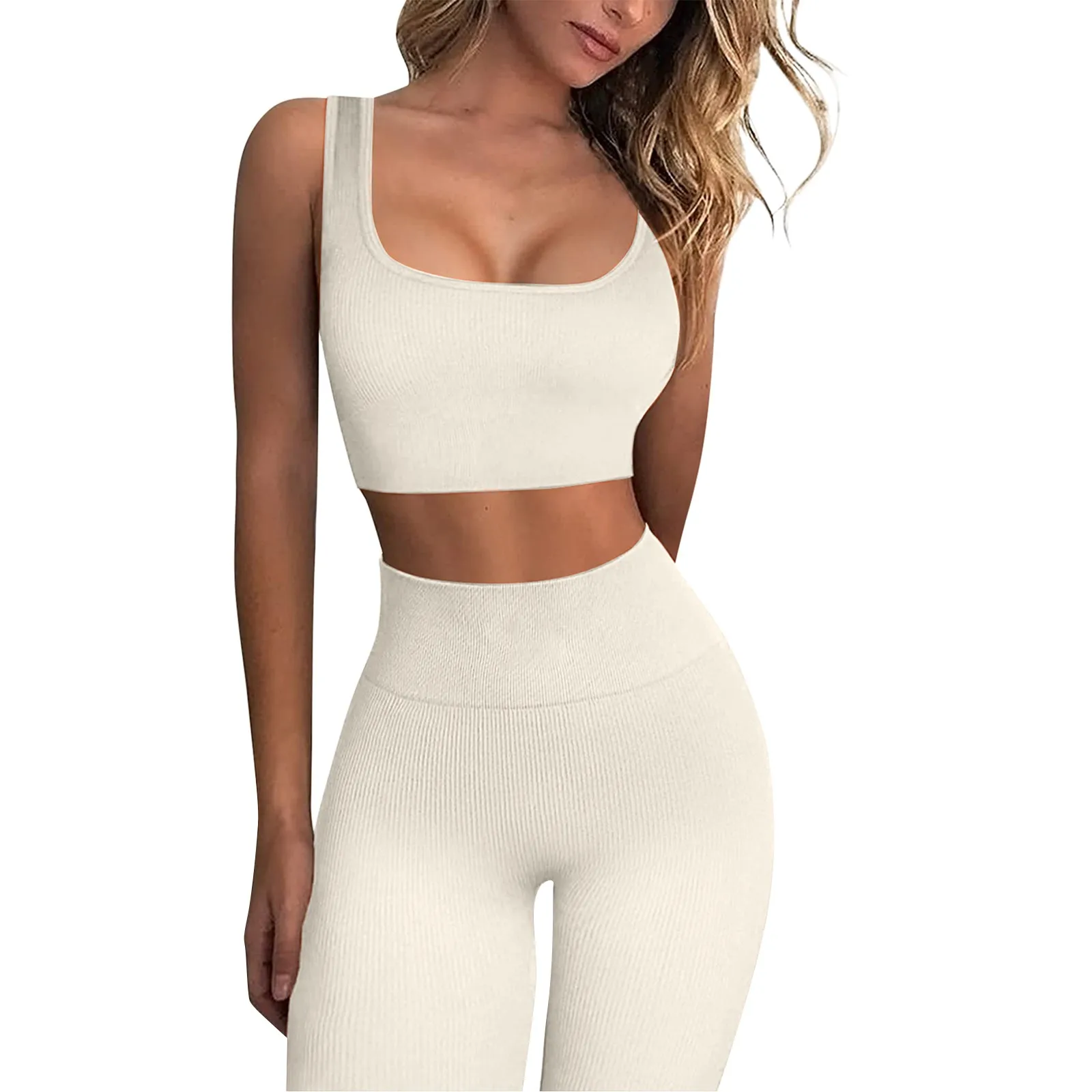 

Женский спортивный костюм для фитнеса, брючный комплект, однотонная короткая майка с высокой талией, брюки-карандаш, спортивная одежда, ком...