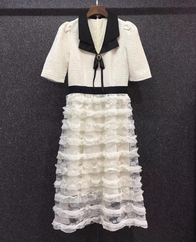 

One Piece Dress 2021 Autumn Winter Fashion Party Women Turn-down Collar Cascading Ruffle Lace Patchwork Vintage Dress Vestidos