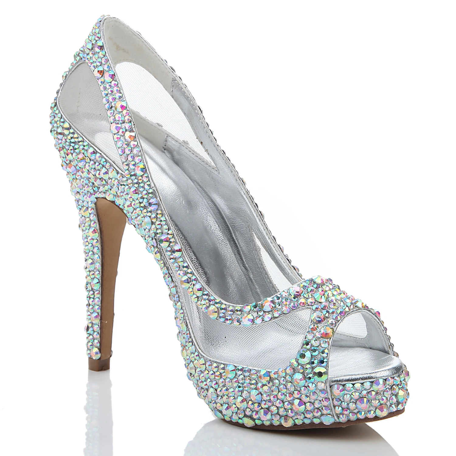 

Glitter Rhinestone Mesh Cutout Wedding Pumps Plattform Peep Toe High Heel Summer Crystal Pumps Woman Slip On Banquet Shoes