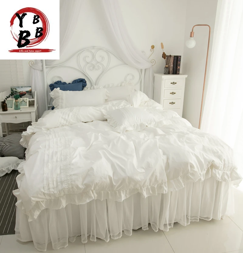

2019 Cotton lace Bedding Set white Duvet Cover Set Bed Linen Tassels Luxury princess bed skirt sets twin queen king bedclothes