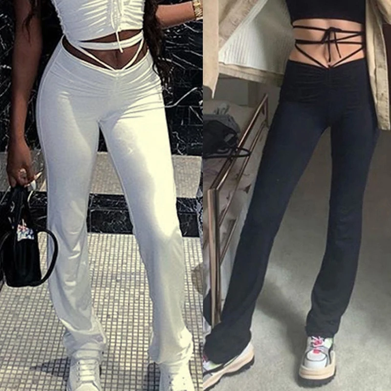 

Fashion Bandage Women Straight Pants Solid Elastic High Waist Slim Long Trousers Street Leisure Party Pants