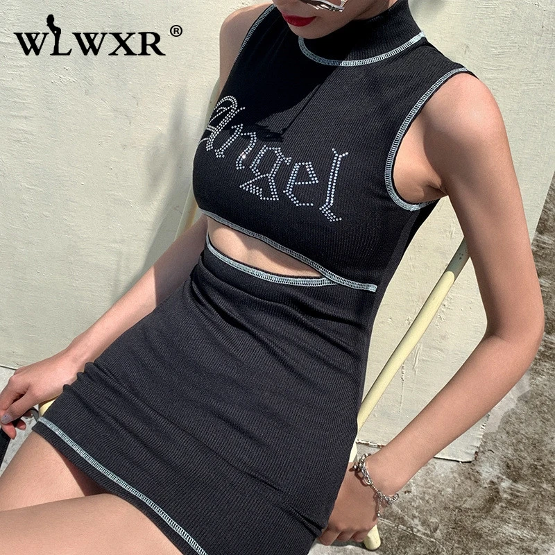WLWXR женское трикотажное облегающее платье открытое мини с бриллиантами летнее