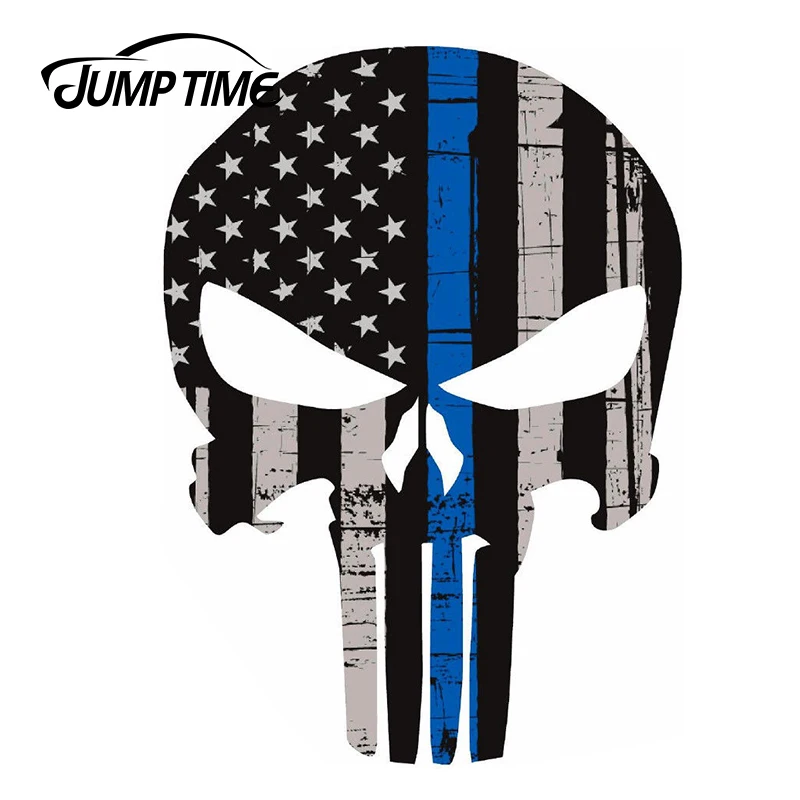 Наклейка JumpTime 13см x 10,6см с черепом-карутой, американским флагом, полицейской голубой линией для мотоциклетных шлемов, стикеры для автомобильных окон и бамперов из винила.