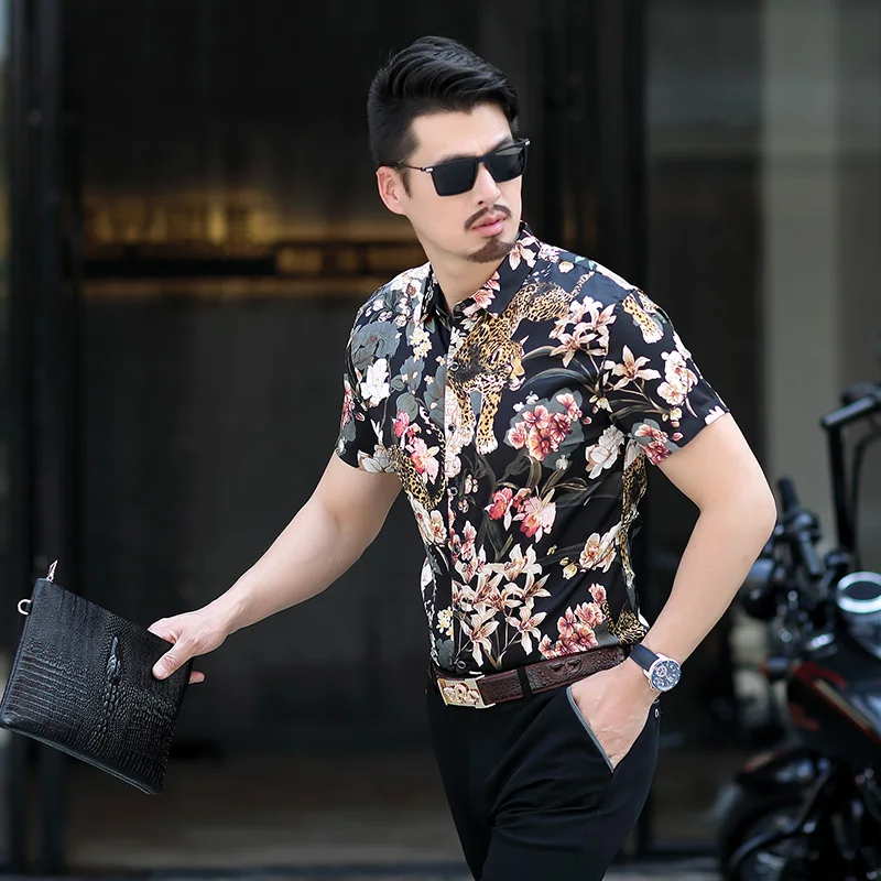 

shirt Short sleeve Men's summer fashion Casual plus size mens high quality Mercerized cotton flowers shirts man Social