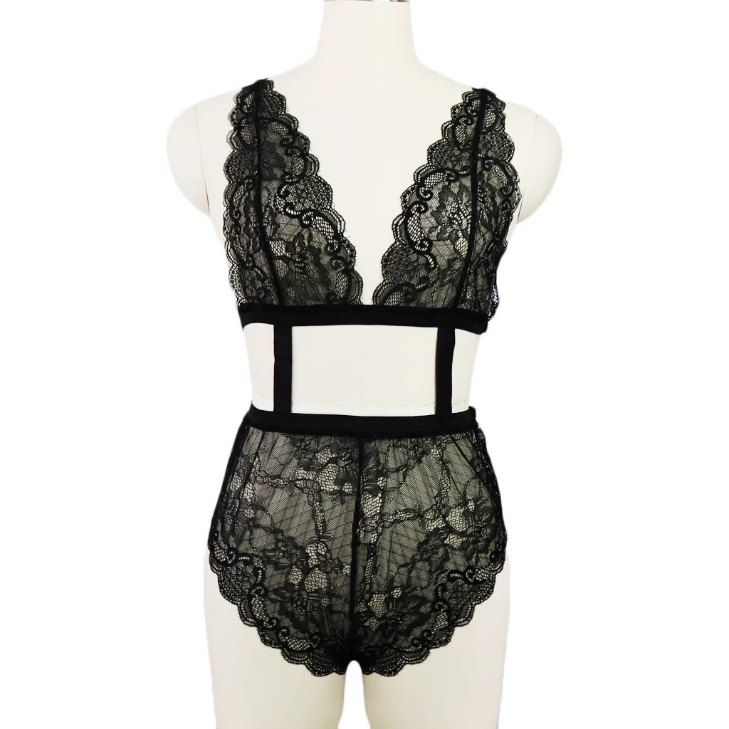 

New Style Women Lace Sexy V-Neck Lingerie Underwear Hollow Out Backless Jumpsuit Bodysuit Perspective Bandage Bra Set