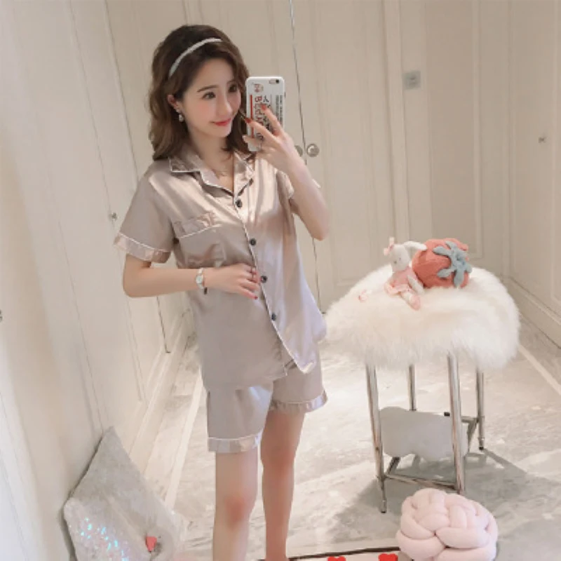 Атласная пижама для женщин пижамный комплект с коротким рукавом одежда сна из