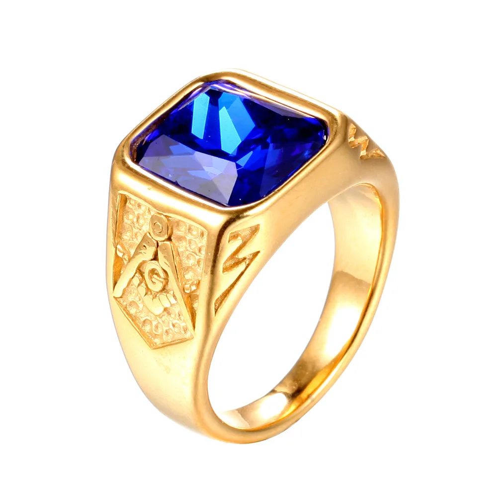 Gold blue Мужской высокое качество мужские цвета: золотистый, серебристый AAA+ Циркон масон, Масонство масонское кольцо Нержавеющая сталь группа каменное кольцо для мужчин - Цвет основного камня: Gold blue