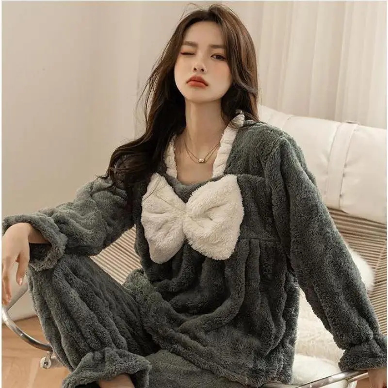 

Warm Pajamas Suit Nightgown Sleepwear Lady Winter New Nightwear Sleep Set Coral Fleece 2PCS Tops&Pants Intimate Lingerie Pyjamas