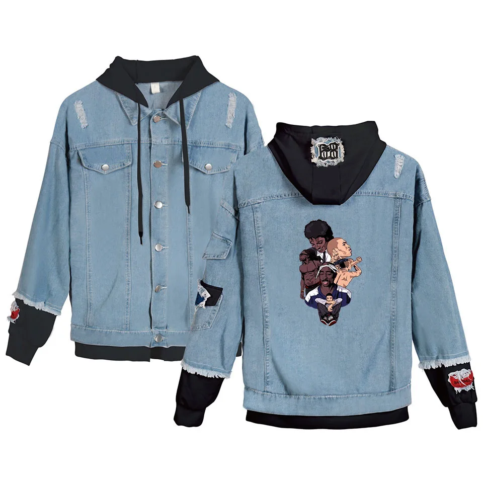 

Hot Sale Men Women Personality Rapper 2pac Denim Jacket Tupac Amaru Shakur Hooded Outwear Cowboy Denim Jacket Boy Jean Jackets