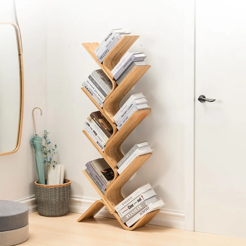 GY Creative Tree-Shaped Bookshelf and Storage Shelf Solid Wood Student Minimalist Floor Multi-Layer Storage Narrow Bookcase