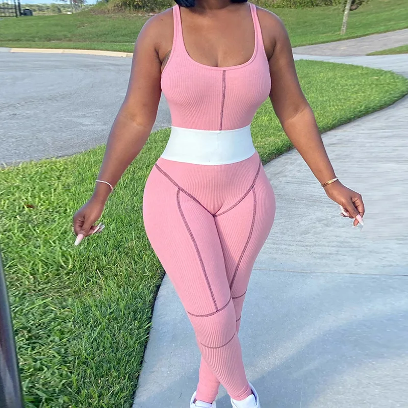 

BAMBOOBOY Women Fashion Sleeveless Colorblock Patchwork Slim Casual Yoga Gym Bodycon Fitted Jumpsuit ZL1548