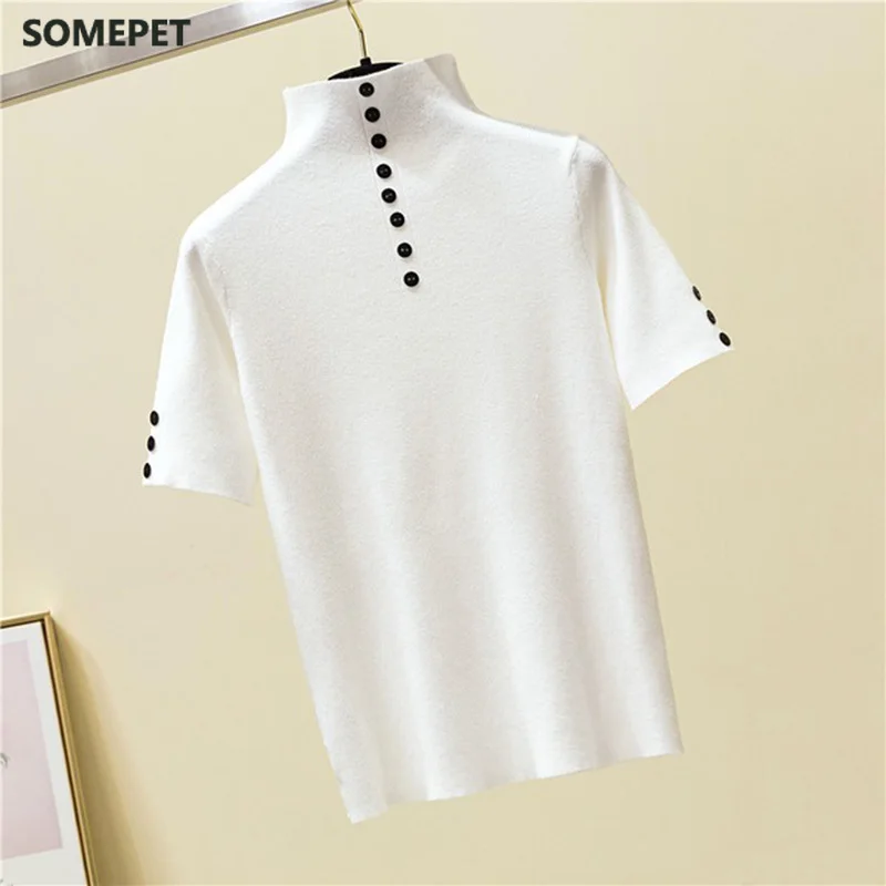 

Summer Vogue Knitted Button T shirt Women Turtleneck Short Sleeve Slim Solid Tee Shirt Femme Ladies Pullover Tshirt Tops