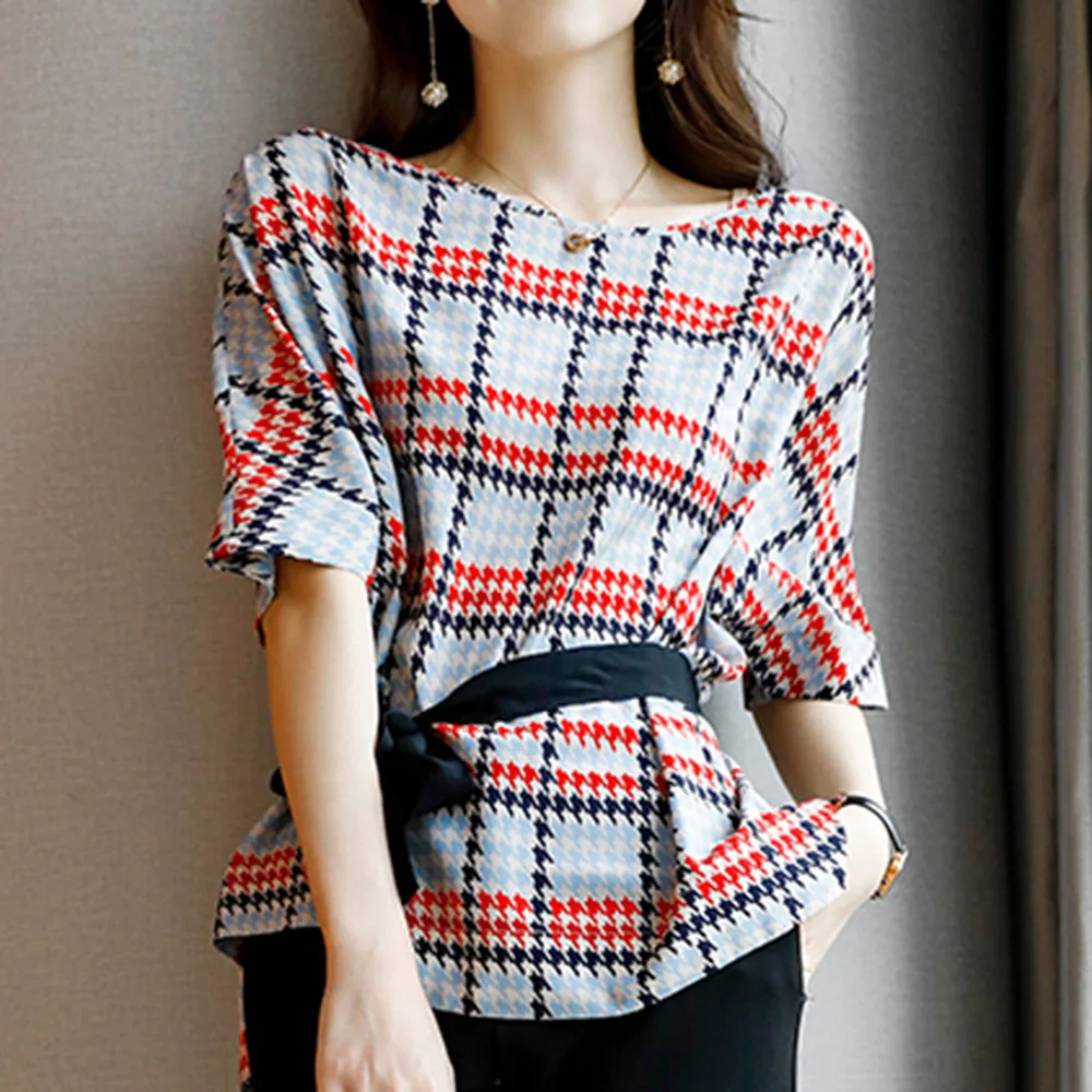 

Blouse Off-color Ribbon Plaid Ladies Fashion Five-quarter Sleeve Medium-long Shirt New Casual Fresh 2021 New Japanese Style