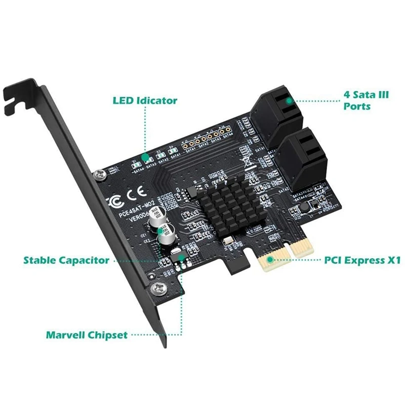 Адаптер PCIE x 1 на 4 порта SATA карточка с чипсетом Marvell без Raid для майнинга Ipfs и