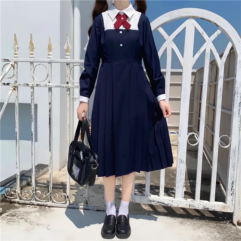 

Japanese Preppy Style Kawaii Girl's JK Uniform Harajuku Cute Full Sleeeve Turn-Down Collar Bow Navy Blue Pleated Dress Midi Dres