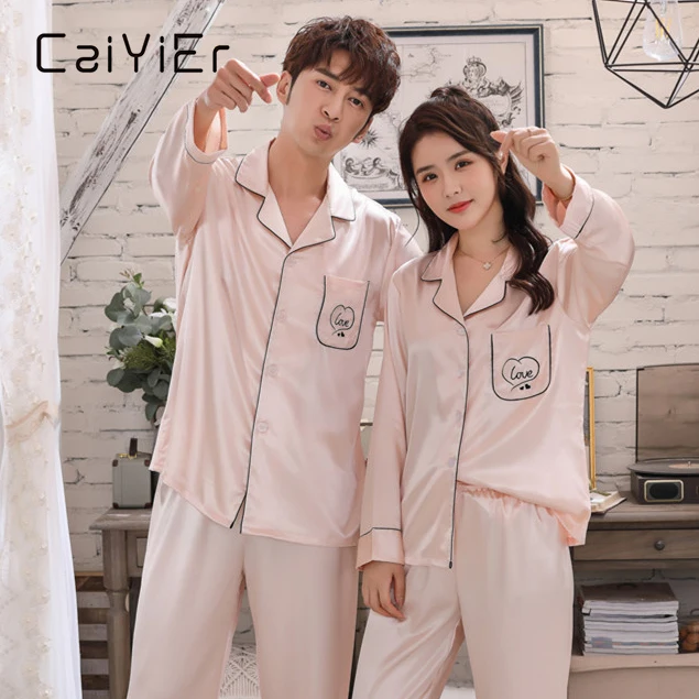 CAIYIER Silk Satin Couple Pajamas Set Soild Embroidery Love Sleepwear Winter Long Sleeve Loungewear Women & Men Nightwear M-3XL
