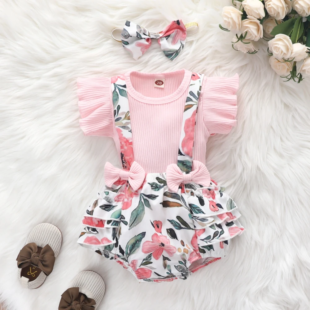 

Baywell Newborn Baby Girls Clothes 3Pcs Summer Fly Sleeve Tops Bow Floral Straps Shorts Headband Casual Outfits Suit 0-12M