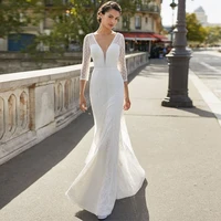 boho mermaid wedding dress lace 2021 v neck 34 sleeve button back sweep train princess elegant bride gowns custom made 2020