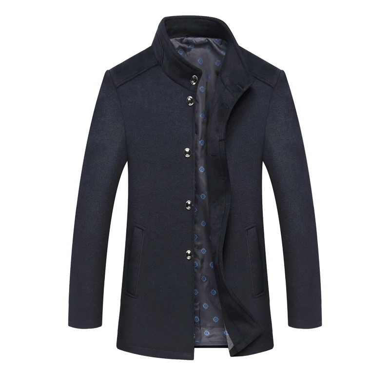 dark blue wool coat Мужская куртка осень зима теплая кашемировая шерсть стоячий воротник повседневное однобортное пальто большой размер - Цвет: dark blue wool coat