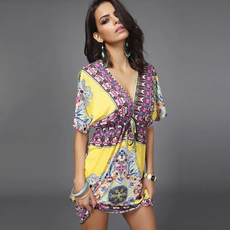 

JHBeute Floral Print Short Sleeve Boho Dress V Neck Tassel Summer Woman Beach Vacation Bohemian Mini Dress Casual Ladies Kimono