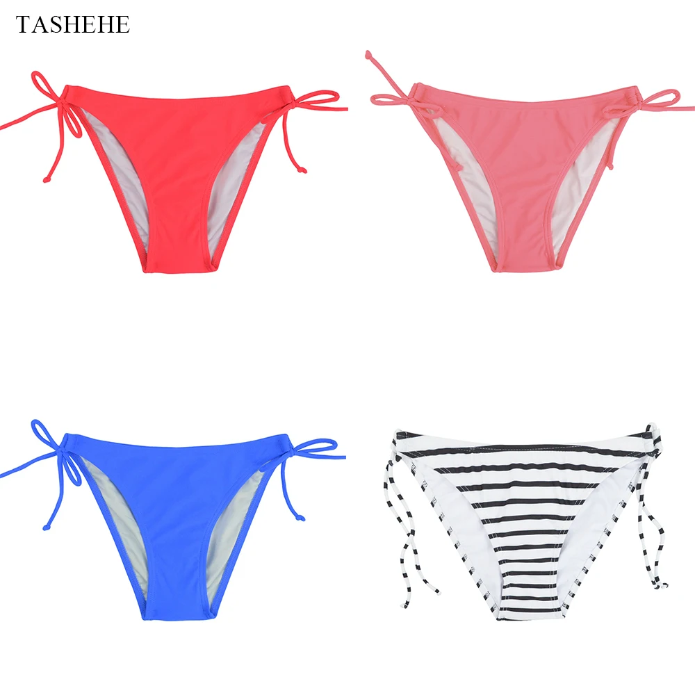 

TASHEHE, бикини, с завязками сбоку, для женщин, 2016, летняя однотонная одежда для плавания на бретелях, купальные штаны, с низкой талией, для девоч...