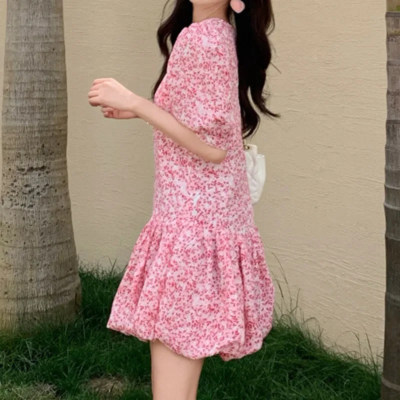 

New Women's Clothing Summer 2021 Fashion Floral Printed Bubble Sleeve Mini Dress High Quality Sexy Ruffle Vintage Dress Vestidos