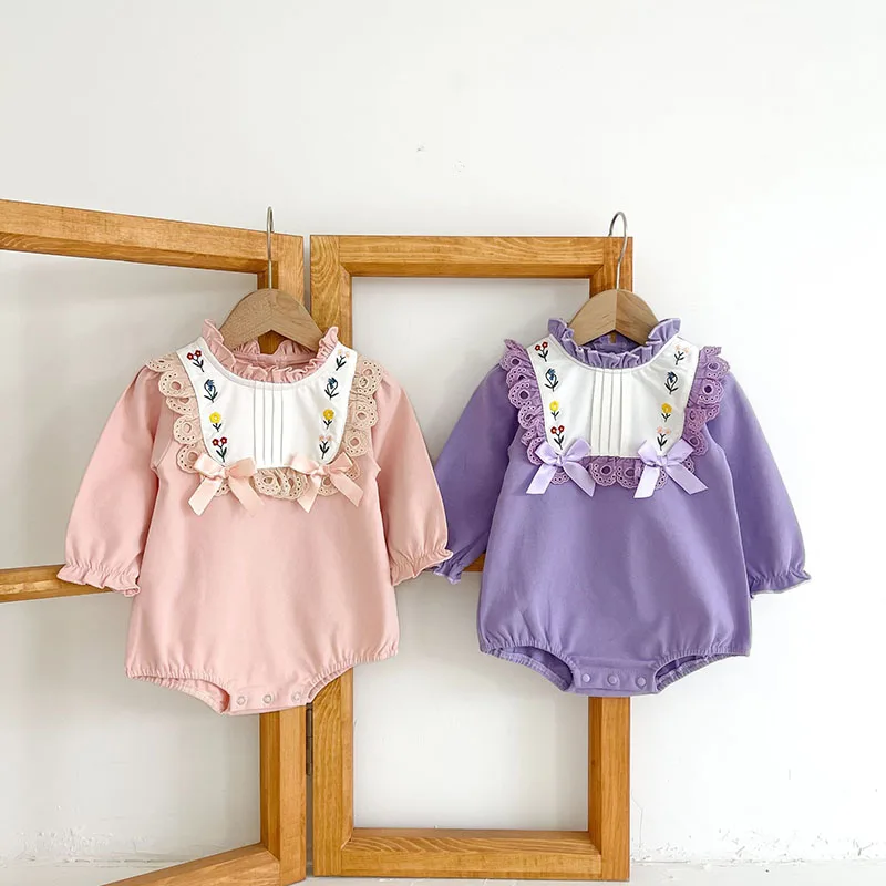 

MILANCEL 2022 Spring Baby Clothes Toddler Girls Bodysuits Flower Embroidery Infant Outerwear