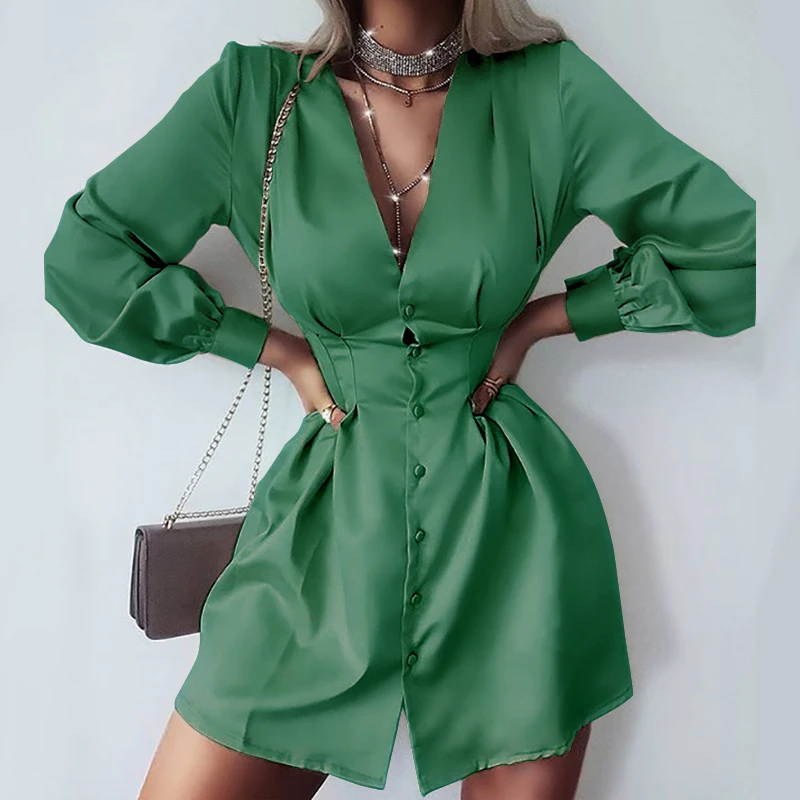 

Summer Dress Long Sleeve Green Shirt Dress Sexy Bodycon Mini Dresses For Women 2021 Single-breasted Satin Party Club dress
