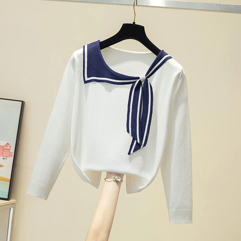 

LJSXLS Navy Style Bow Sweater Women Autumn Casual Loose Tops Female Long Sleeve Knitted Pullovers Pull Femme 2021 Winter Clothes