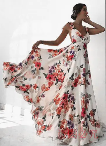 

Women Boho Summer Floral Sleeveless V-Neck Backless Vintage Long Maxi Dress Ladies Party Evening Summer Beach Sundress