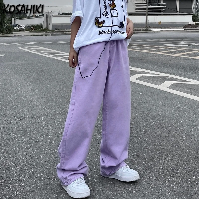 

KOSAHIKI Harajuku Jeans Woman Loose Light Purple Trousers Fashion Hip Hop Streetwear Casual Straight Pants for Women