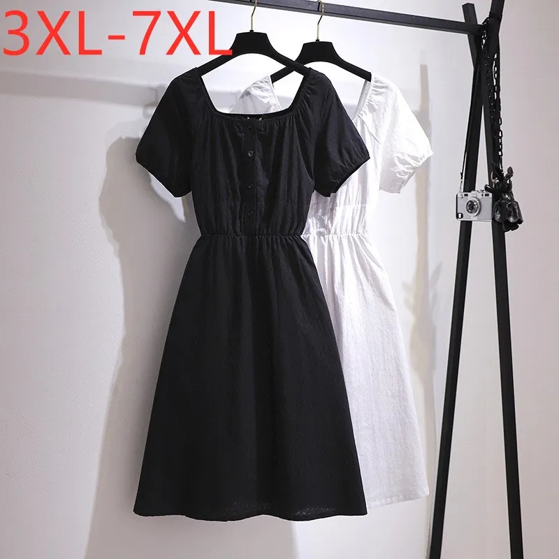 

New 2021 Ladies Summer Plus Size Midi Dress For Women Large Short Sleeve Slim Black Square-cut Cotton Dress 3XL 4XL 5XL 6XL 7XL