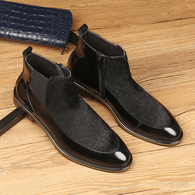 Pointed Toe Horsehair Black Mens Dress Boots Genuine Leather Chelsea Male Ankle | Обувь
