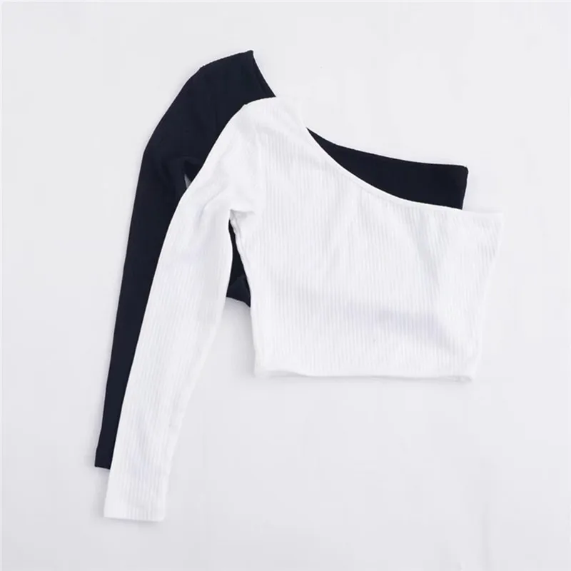 Модная новая Брендовая женская трикотажная укороченная футболка на одно плечо с