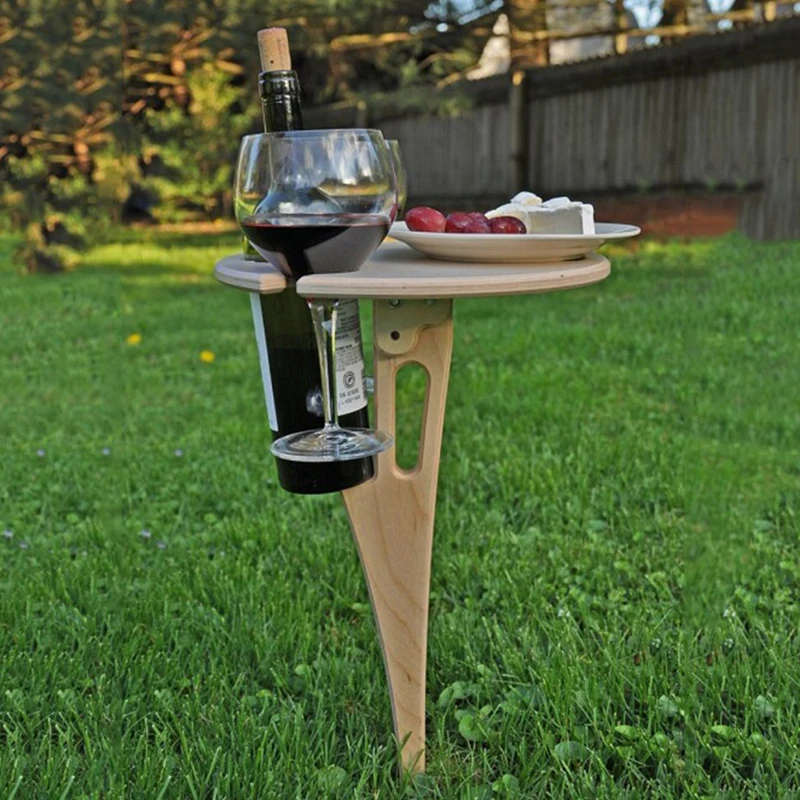 

Outdoor Portable Foldable Wine Table with Round Desktop Mini Wooden Tools