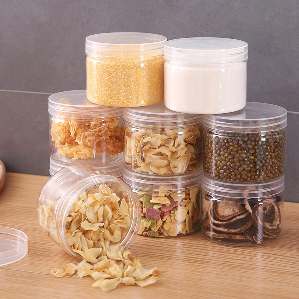 

350ml Plastic Storage for Kitchen Food Container Fridge Organizer Candy Boxes Jar For Spices Transparent Round Sealed Cans 5PCs