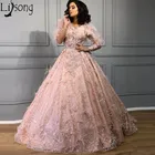 Блестящее бальное платье 2020, блестящее платье с длинным рукавом, кружевное платье с перьями, розовые вечерние платья для выпускного вечера