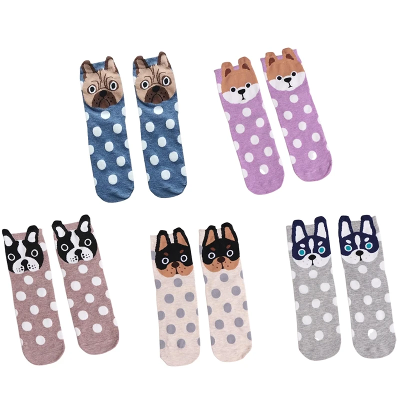 

Women Men Funny Cartoon Puppy Dog Crew Socks Harajuku Cute 3D Animal Ears Polka Dot Print Breathable Cotton Mid Tube P8DB