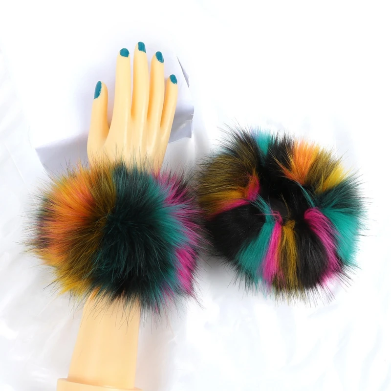 

Women Winter Furry Wrist Cuffs Rainbow Colorful Arm Warmers Bands Fluffy Wristband Bracelet Fake Sleeves Party Costume