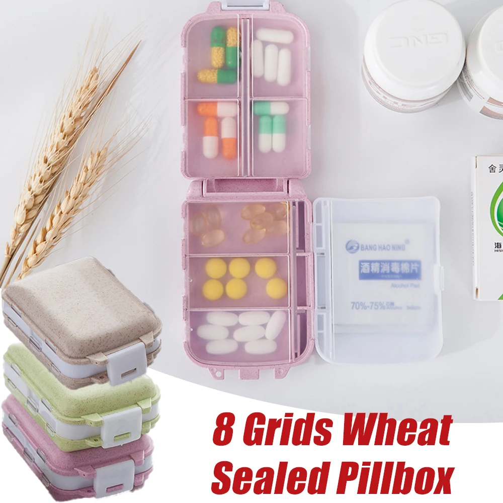 

8 Grids Pill Box Wheat Sealed Pill Case Pillbox Splitter 7 Days Weekly Medicine Tablet Dispenser Organizer Travel Pill Case