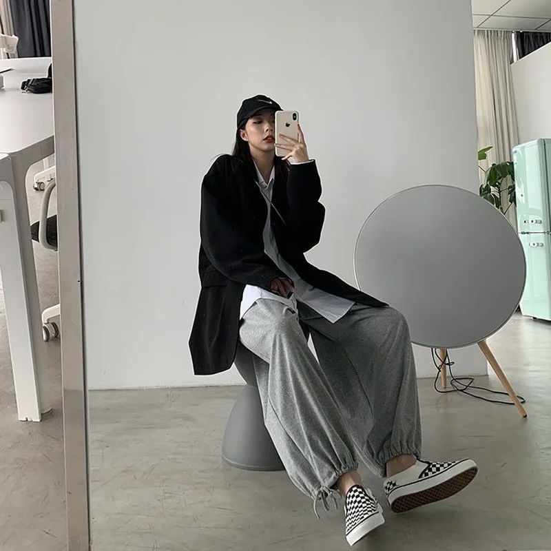 

Casual Pants Women Drawstring Wide Leg Trousers Students High Waist All-match Solid Simple Oversize Chic Ulzzang Harajuku Ins