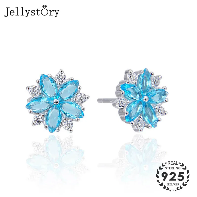 

Jellystory fashion 925 sterling silver stud earrings with sapphire zircon gemstone flower shape jewelry for women wedding party
