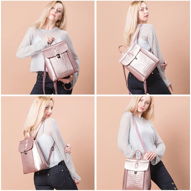REALER women backpack leather school bags for girl teenagers 2020 crocodile prints waterproof travel bag High quality |