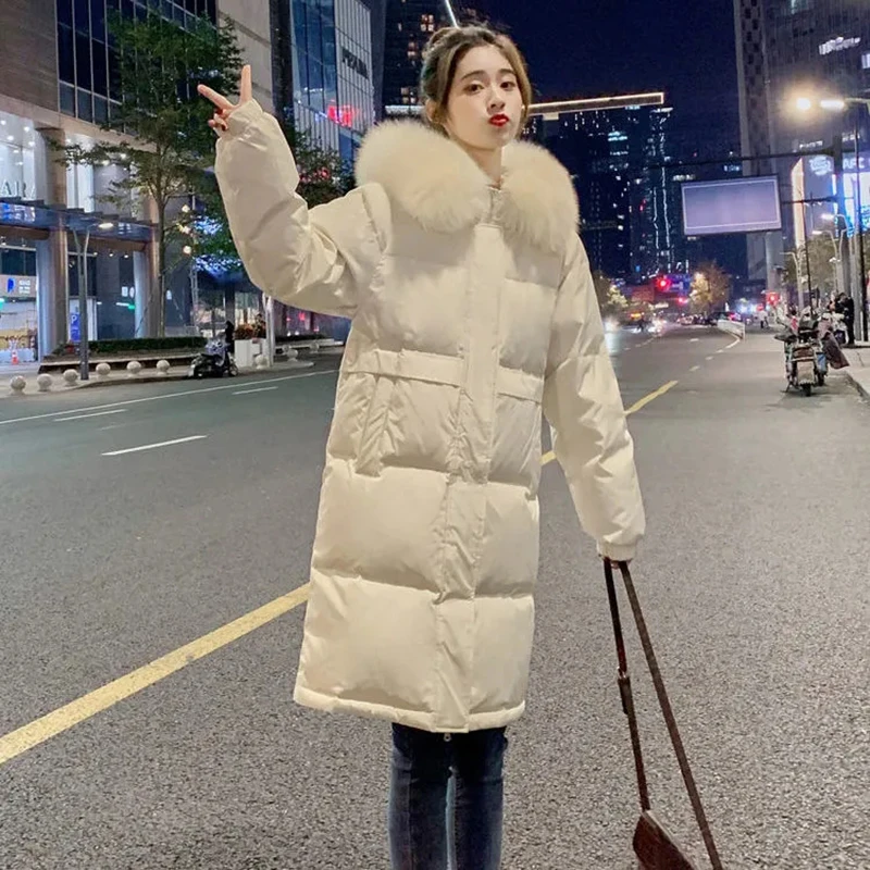 Женское зимнее пальто из хлопка средней длины свободная парка с меховым