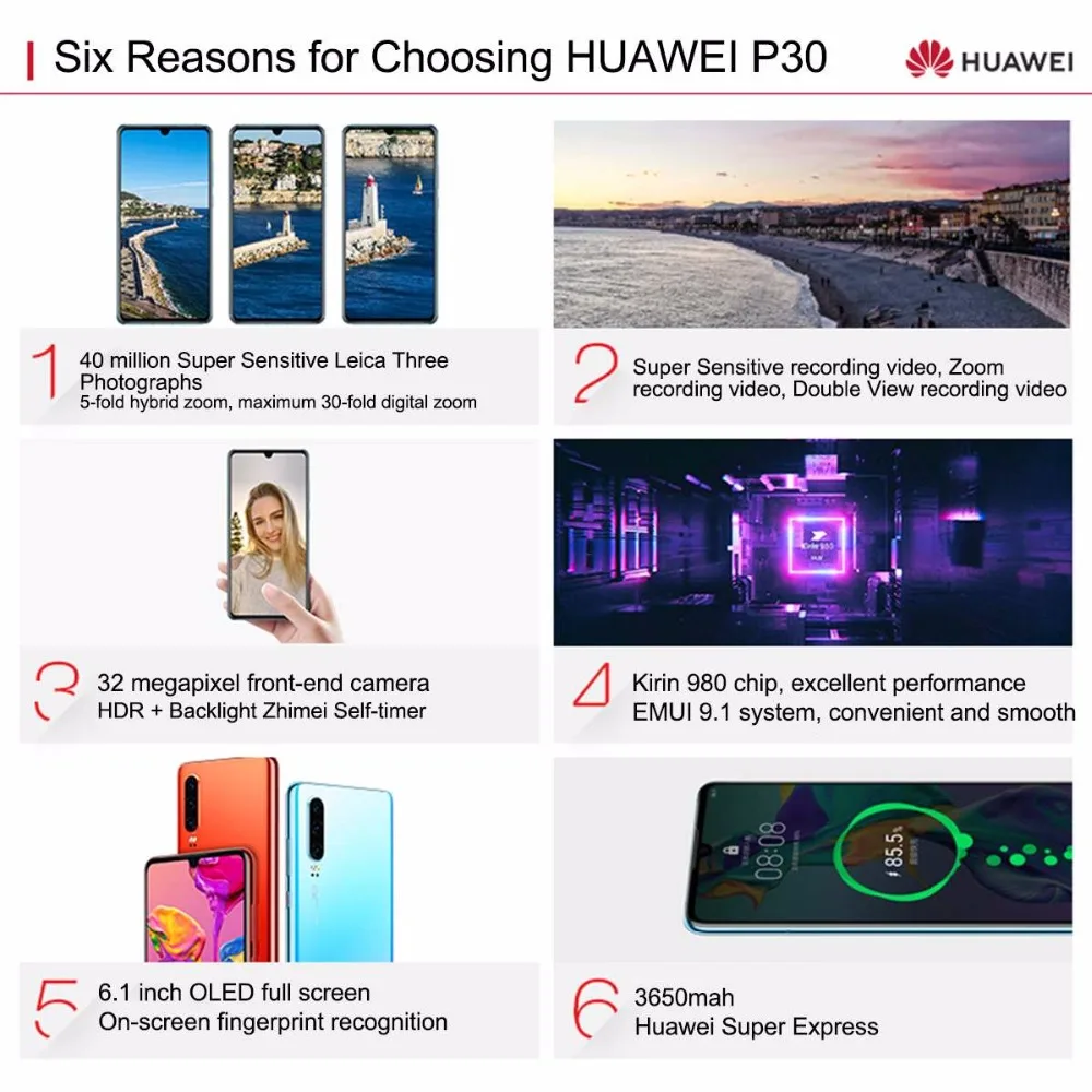 DHL Быстрая HuaWei P30 мобильный телефон Kirin 980 Android 9,1 6," 2340X1080 8 Гб Оперативная память 256 ГБ Встроенная память 40.0MP NFC отпечатков пальцев IP53